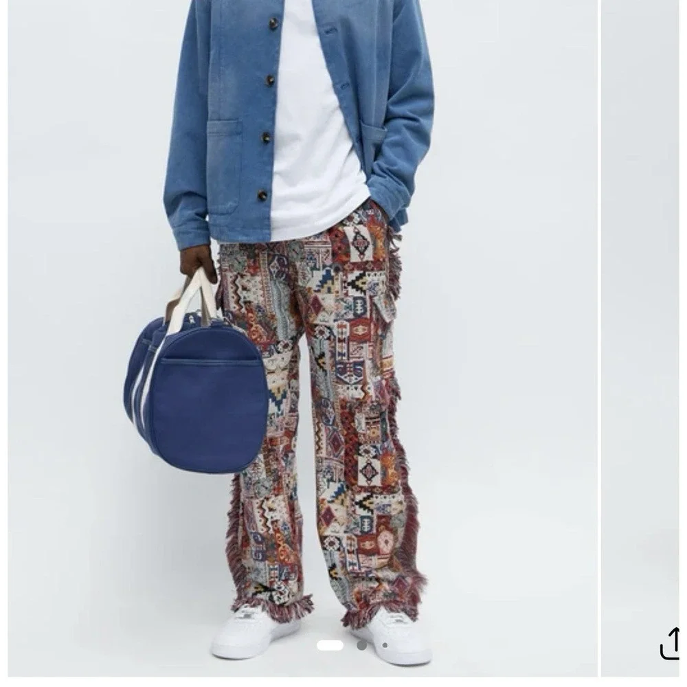 Tapestry Rug Pants Mens 32 Fringe Flare Boho Maximalist Festival Statement